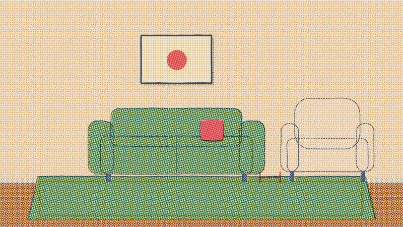 A riso drawing of a small living room with a green sofa and an armchair on a large rug that leaves only a thin band of floor at the edges.