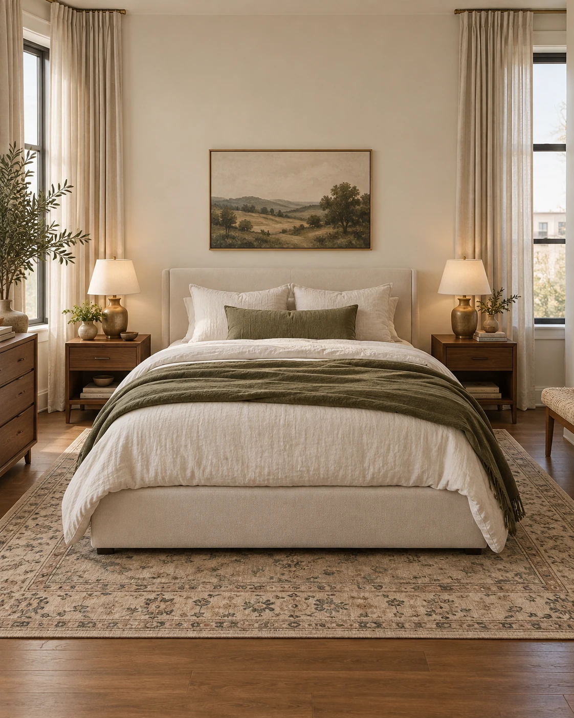 Cream bedroom with walnut nightstands, high curtains and a rug extending past the bed.