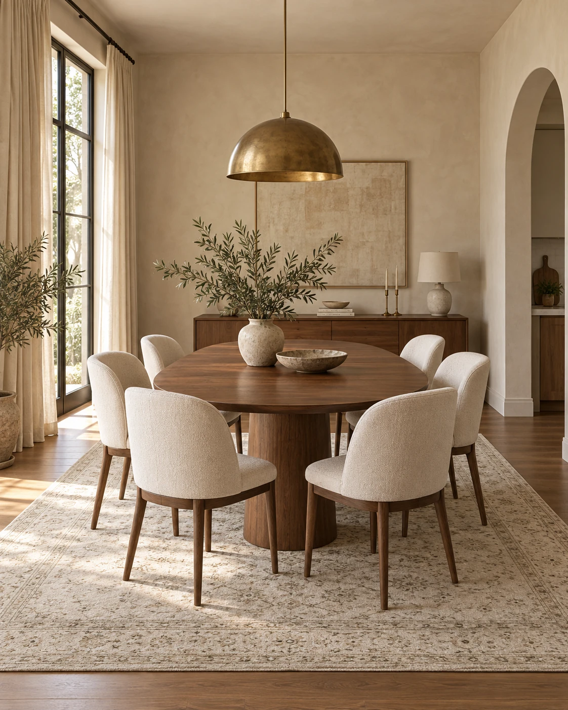 A rented dining corner: a small table pushed off the wall, four chairs pulled back, and a pendant hanging low over the middle of the table.