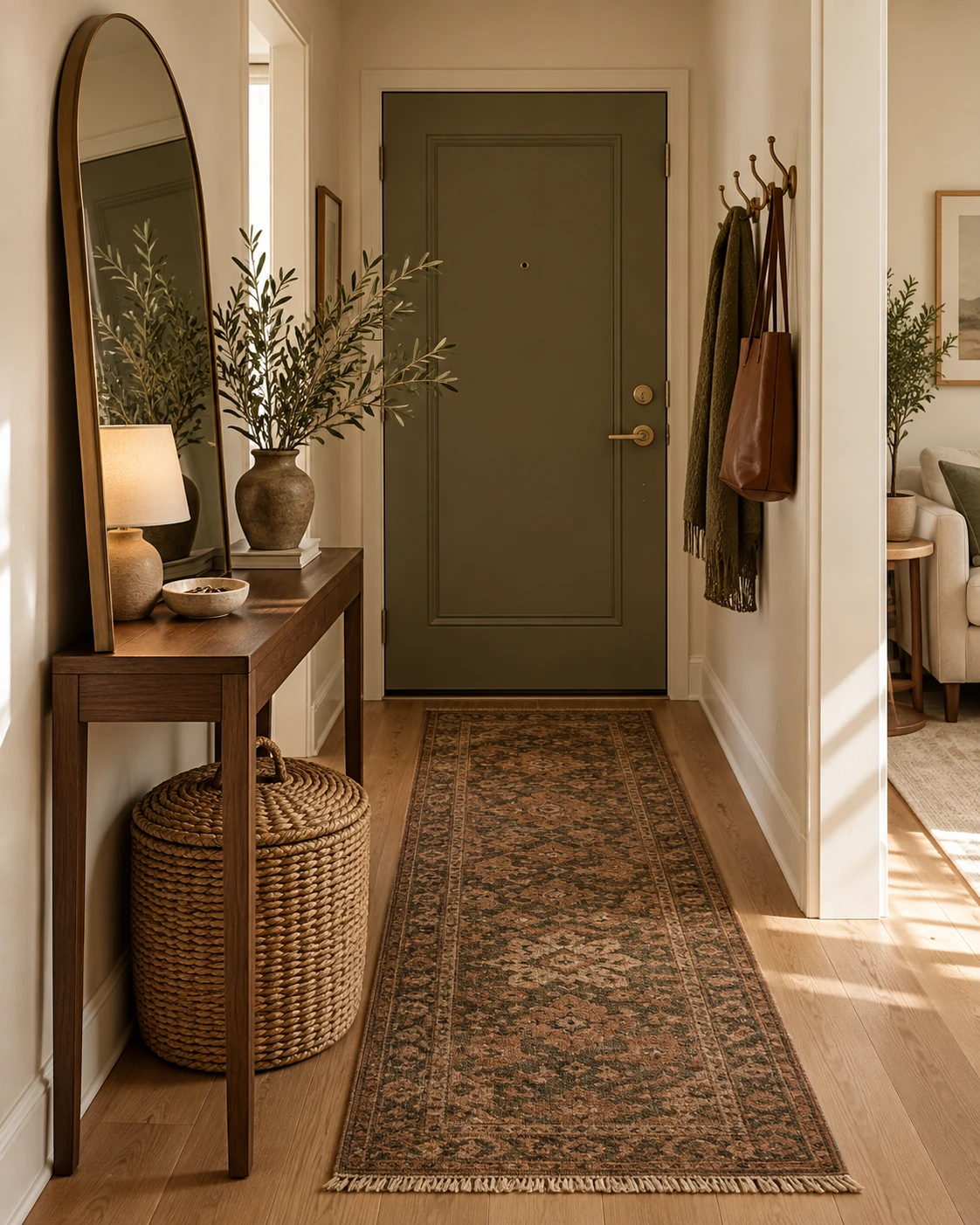 Renter-friendly entryway with a walnut console, leaning mirror, runner and woven basket.