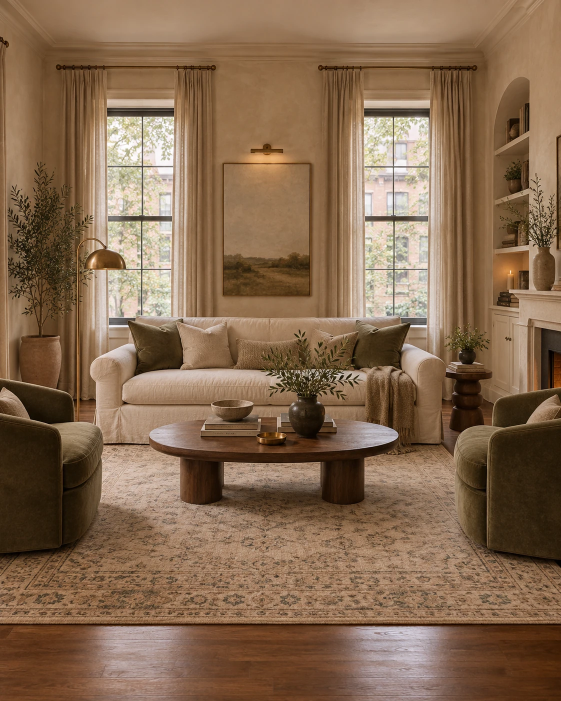 Organic modern living room with a correctly sized rug connecting the main seating.