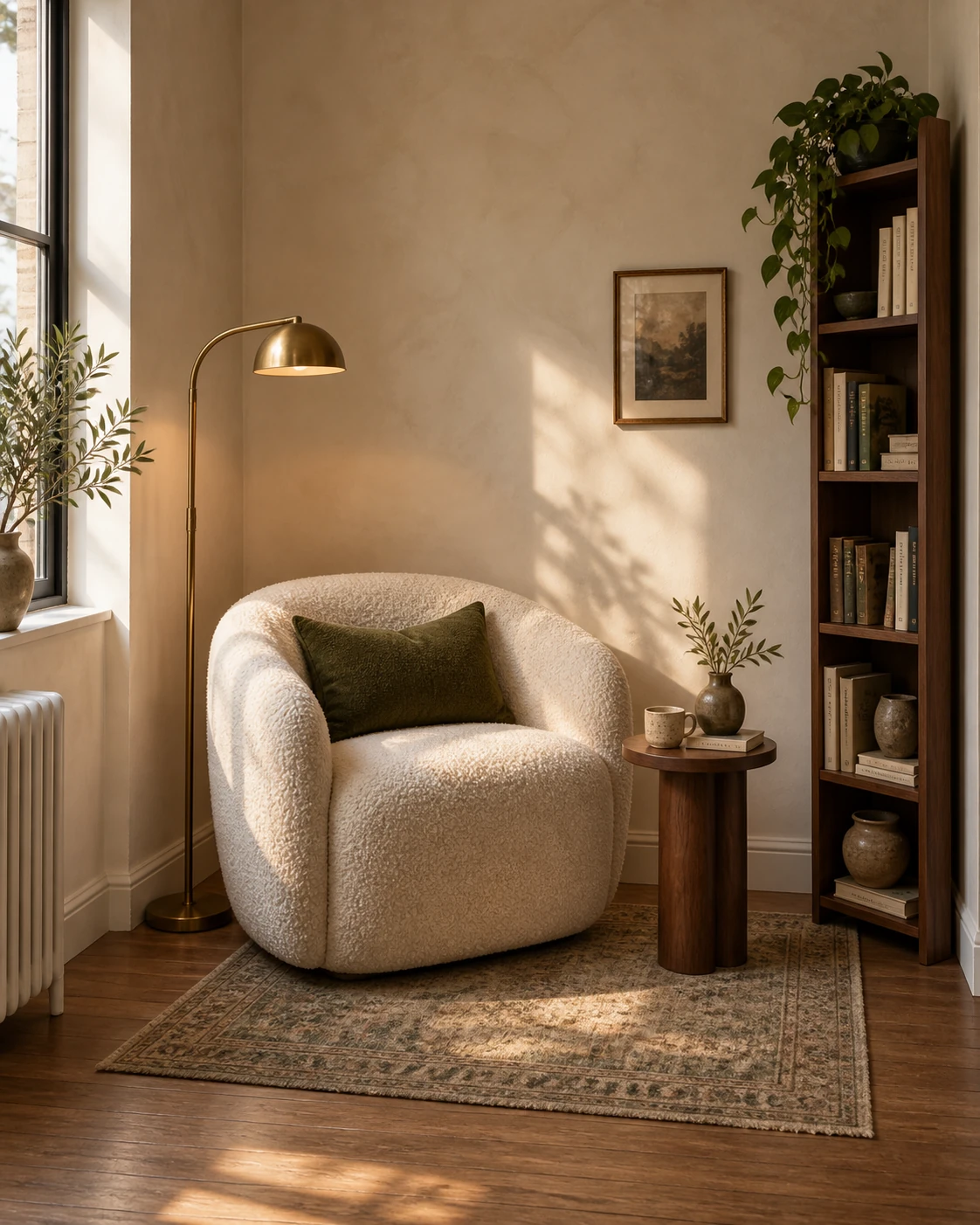 Reading nook with a cream chair, brass floor lamp, walnut table and narrow bookcase.