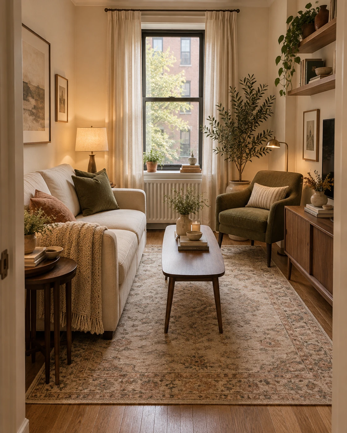 A studio apartment where the bed, a small sofa and a desk share one room, with a rug marking off the sitting half.