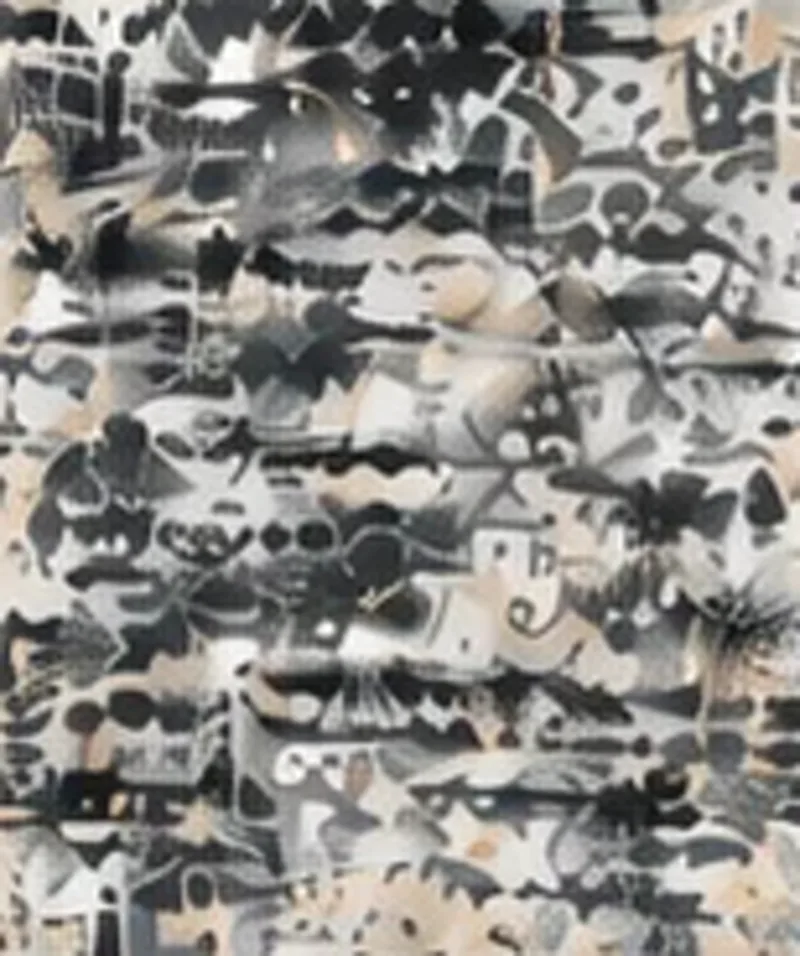 Drawing of the pattern. Dense black, gray and cream abstract marks, like ink scribbled over a pale ground.