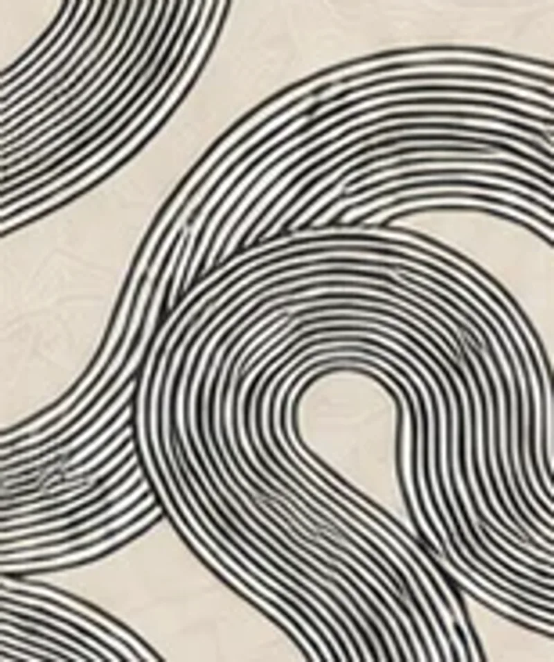 Drawing of the pattern. Black concentric curved lines swirling across a cream ground.