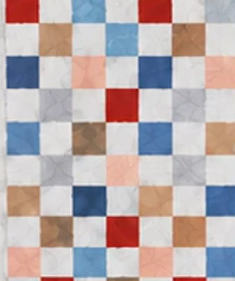 Drawing of the pattern. A grid of small squares in red, blue, tan and cream.