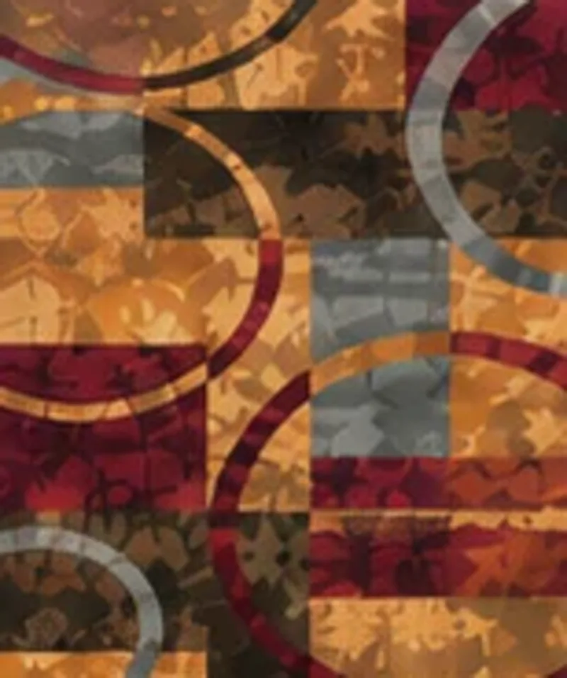 Drawing of the pattern. Blocks of rust, ochre, gray and deep red crossed by circle arcs.