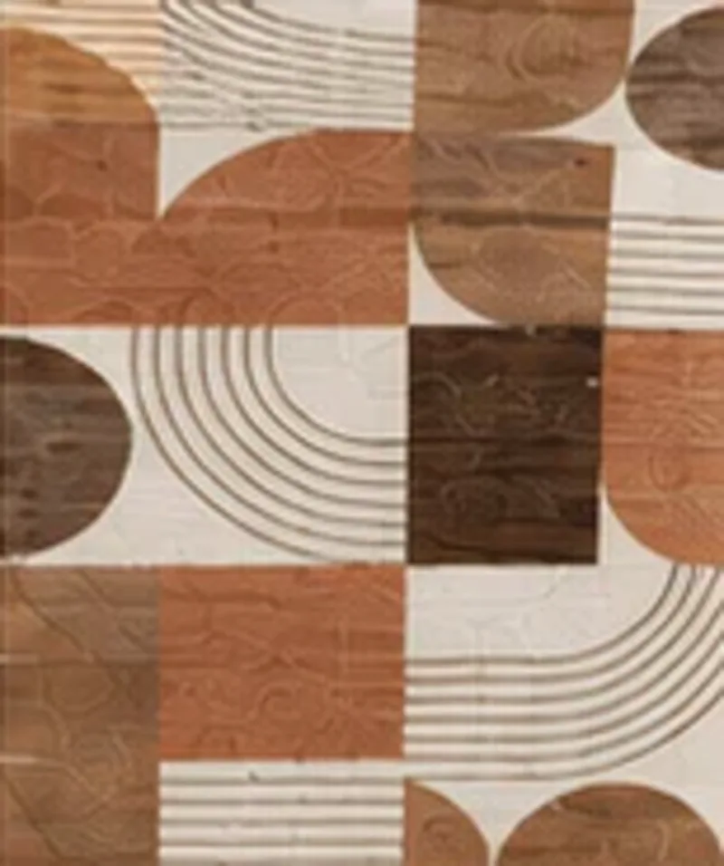 Drawing of the pattern. Terracotta, cream and brown geometric blocks and arcs.