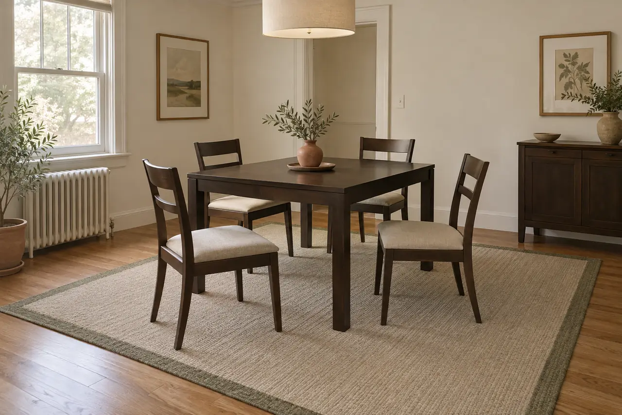 A dark wood dining table with four chairs on a pale jute rug with a green border, seen from above at an angle. Every chair is pushed back from the table and all four back legs are still on the rug, which reaches well past the table on all four sides.