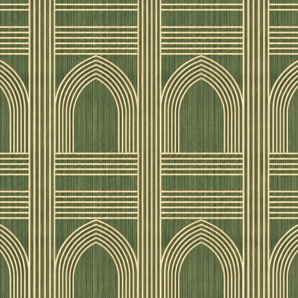Drawing of the pattern. Cream arches and stripes drawn over a green bamboo ground.