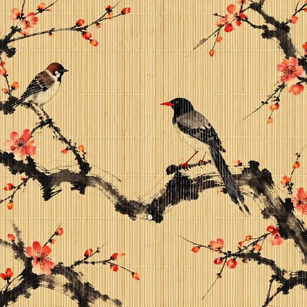 Drawing of the pattern. Ink branches, plum blossom and two birds drawn over a pale bamboo ground.