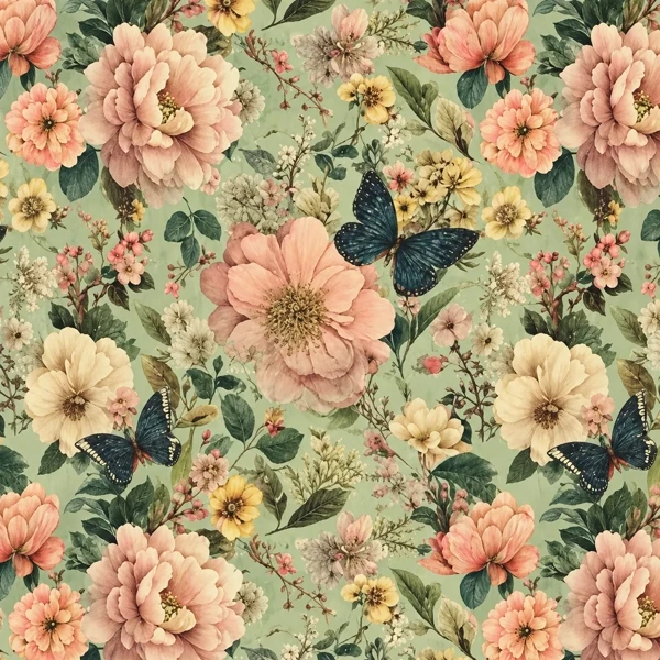 Drawing of the pattern. Pink and cream blooms with dark butterflies drawn over a soft green ground.