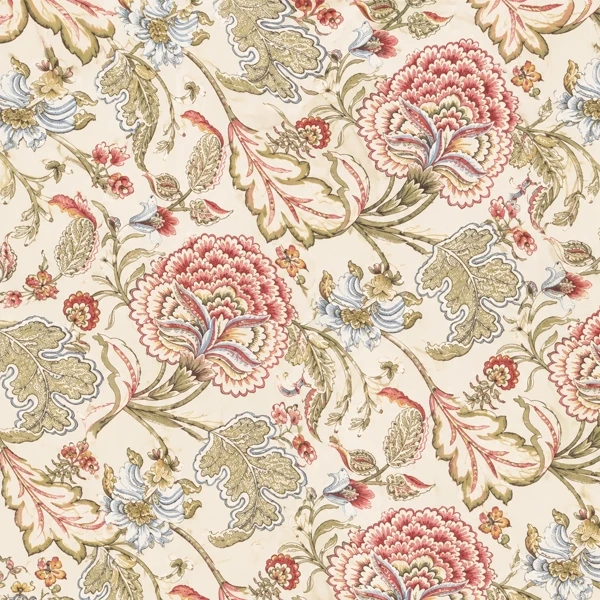 Drawing of the pattern. Coral and rose blooms with olive leaves drawn over a cream ground.