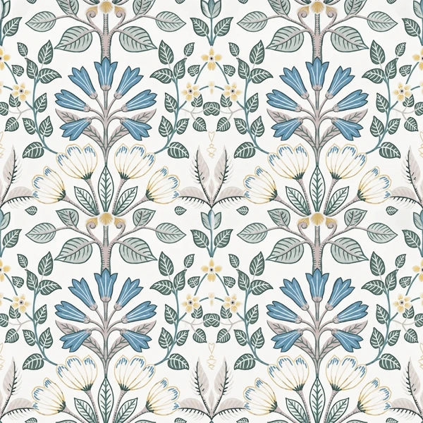 Drawing of the pattern. Blue bell flowers and green leaves drawn over a white ground.