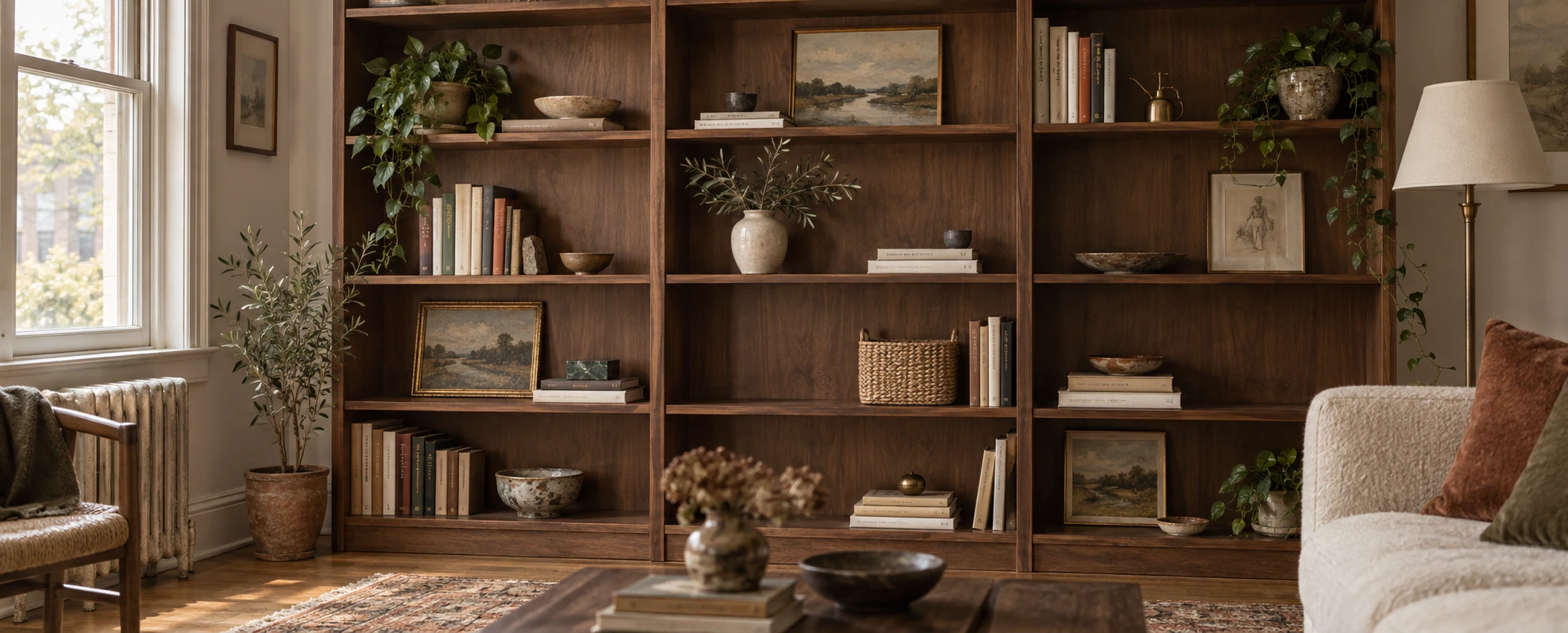 A finished open shelf unit in a rental: books standing and stacked, a wooden bowl, a pale vase, a small leaned frame, and a clear empty stretch on two of the shelves.