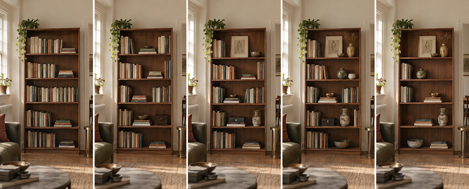 The same shelf in five stages, left to right: one, books standing and stacked flat; two, a tall vase added for height; three, a small frame leaned at the back; four, a bowl and a small basket layered in front of the books and overlapping them; five, one section cleared so about a third of the shelf is empty.