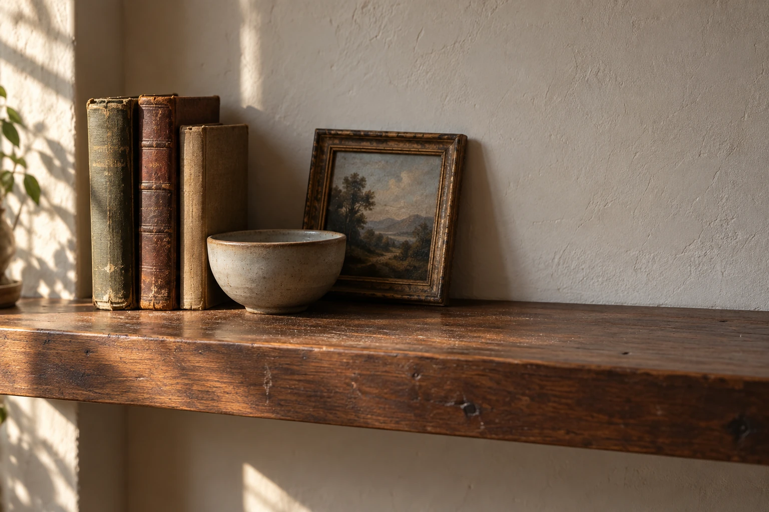 One shelf seen close up: a short run of books held by a marble bookend, a shallow wooden bowl overlapping a leaned frame, and the right third of the board completely clear.
