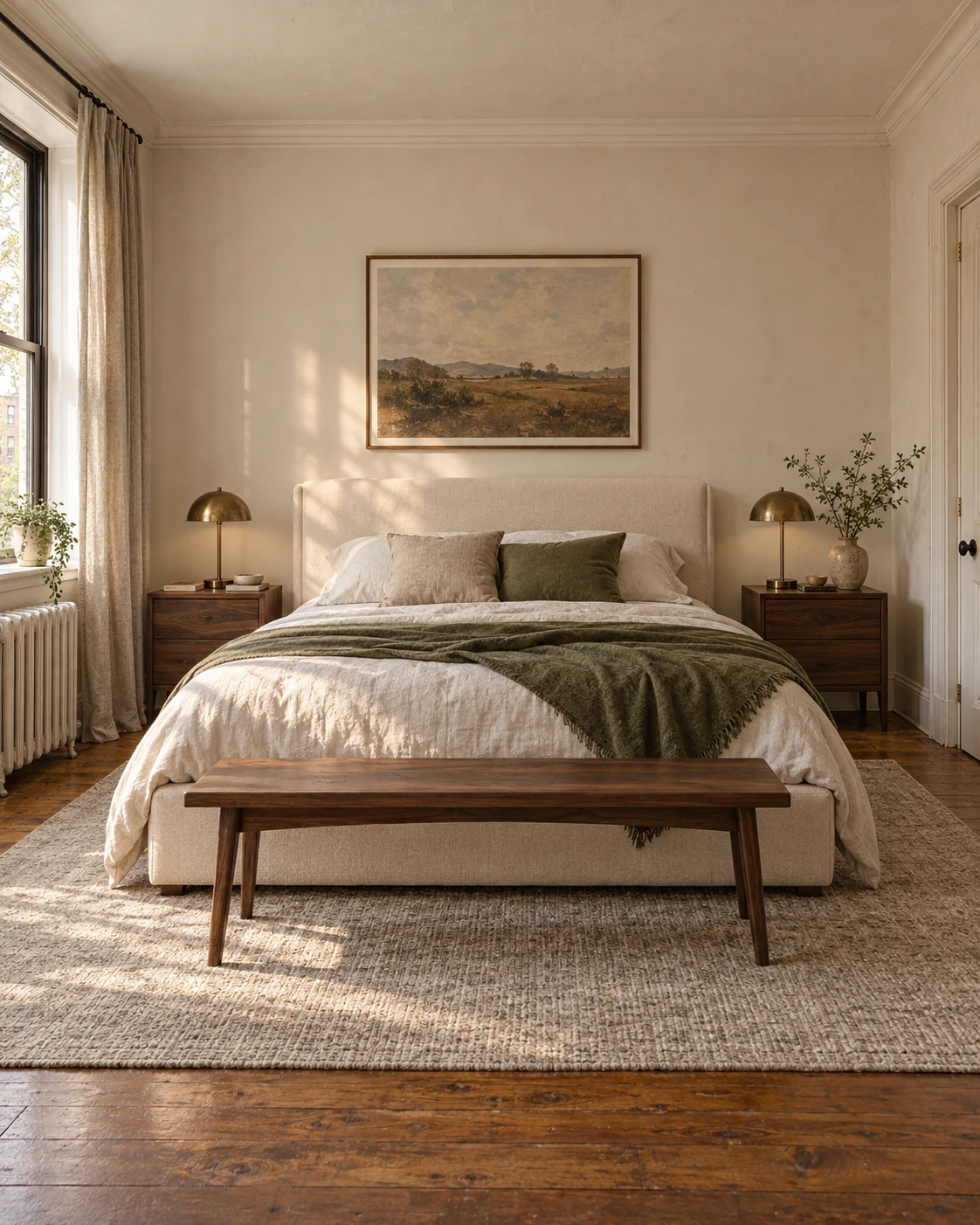 A rented bedroom with a low bed, two mismatched nightstands, bedside lamps and a rug running out past the foot of the bed.