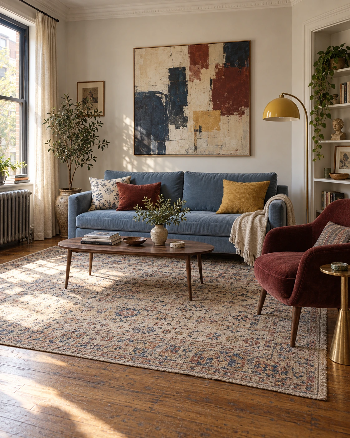 A colorful rented living room in morning light: a large abstract canvas in navy, rust and ochre above a blue velvet sofa, a mustard domed arc lamp reaching in from the right, a blue block print pillow and an oxblood velvet pillow at one end and a mustard velvet pillow at the other, a cream fringed throw over the arm, a faux olive tree in a glazed urn by a cream linen curtain, an oxblood velvet armchair in the foreground beside a brass pedestal table, an oval walnut coffee table with books and a stone vase of olive stems, and a faded blue and rust vintage rug on bare boards.