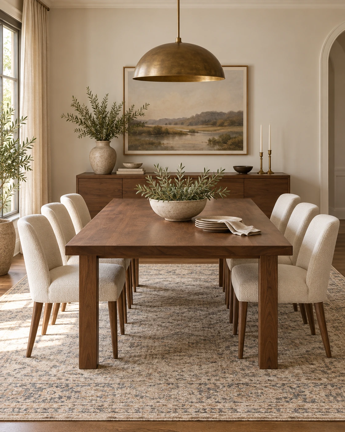 A rented dining room in afternoon light: a brass dome pendant hanging over a walnut rectangular table, a framed landscape painting on the wall behind, a walnut sideboard with a tall stone vase of olive branches and a pair of brass candlesticks on it, six cream boucle chairs, a footed stone bowl of olive greenery and a stack of speckled plates with a linen napkin on the table, a faux olive tree in a woven planter by the window, floor length linen curtains, and a faded blue and beige vintage rug under the whole thing.