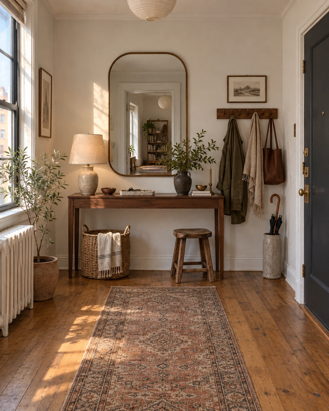 A narrow rented entry hall: a paper lantern on the ceiling, an arched brass mirror over a dark wood console, a ceramic lamp and a key bowl on the console, a wooden peg rail on the right wall holding a green coat, a cream throw and a leather tote, a woven basket and a small wooden stool under the console, a ceramic umbrella stand by the door, and a worn runner down the middle of the floorboards.