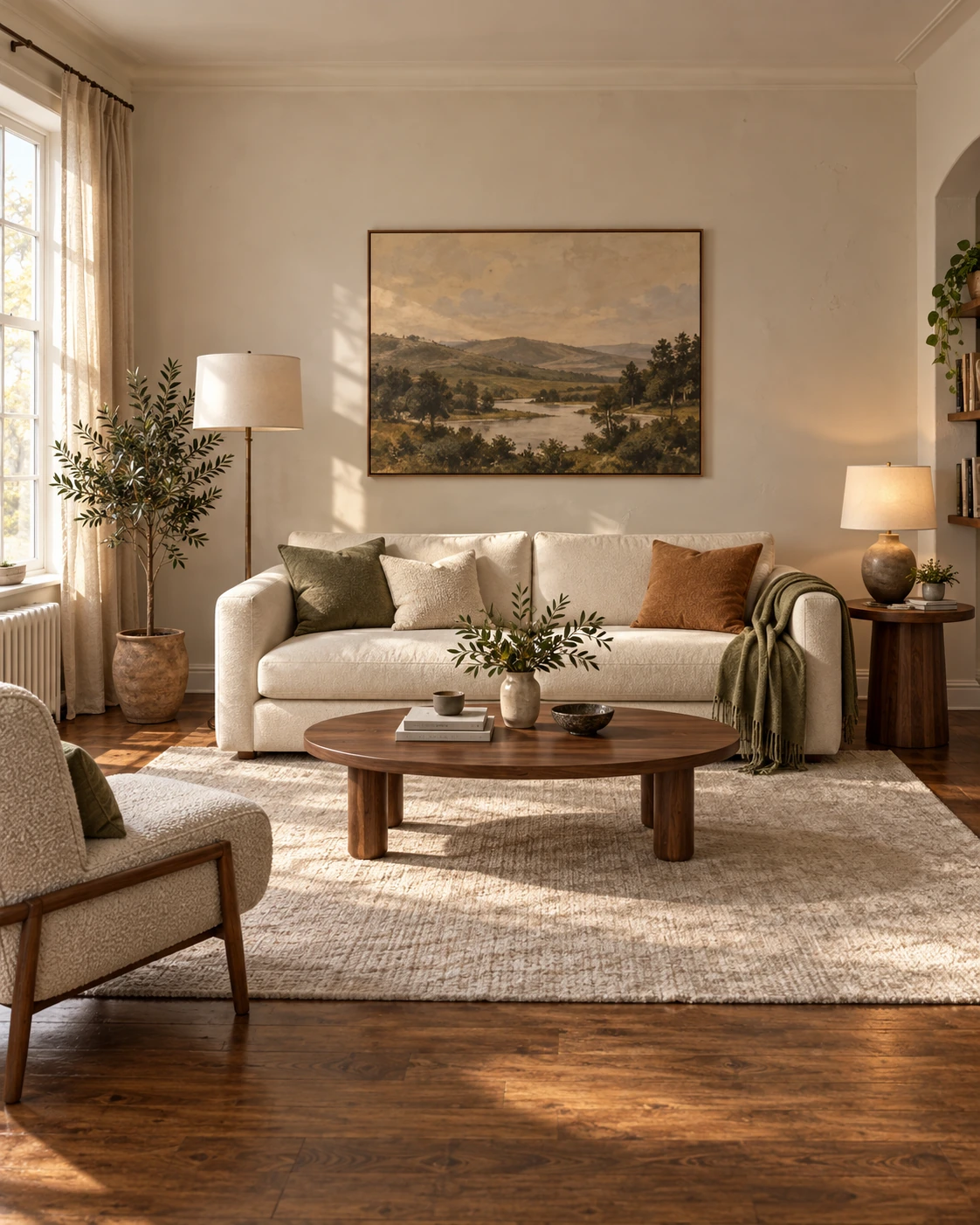 A rented living room with a low sofa, a large flatweave rug, a floor lamp behind the arm and a group of framed prints on the wall.