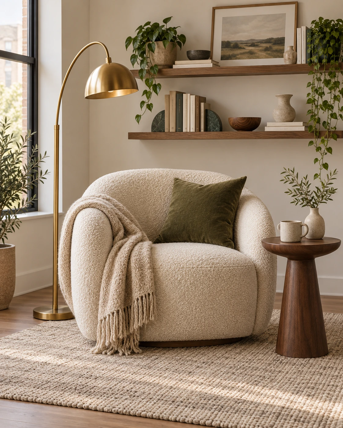 A cream boucle armchair in a corner under a brass arc floor lamp, with an olive velvet pillow, a fringed knit throw over the arm, a dark wood pedestal side table and a jute rug.