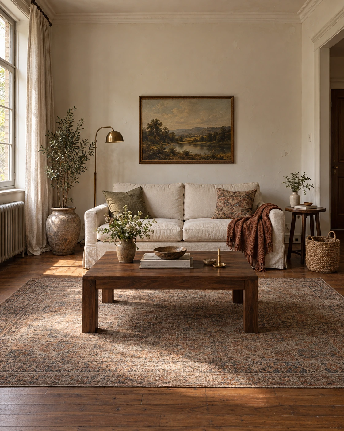 A rented living room seen straight on: a gilt framed landscape painting above a plain cream slipcovered sofa, a faded patterned rug under a chunky wooden coffee table, a brass floor lamp, an olive tree in a large pot beside a linen curtain, and a woven basket in the corner.