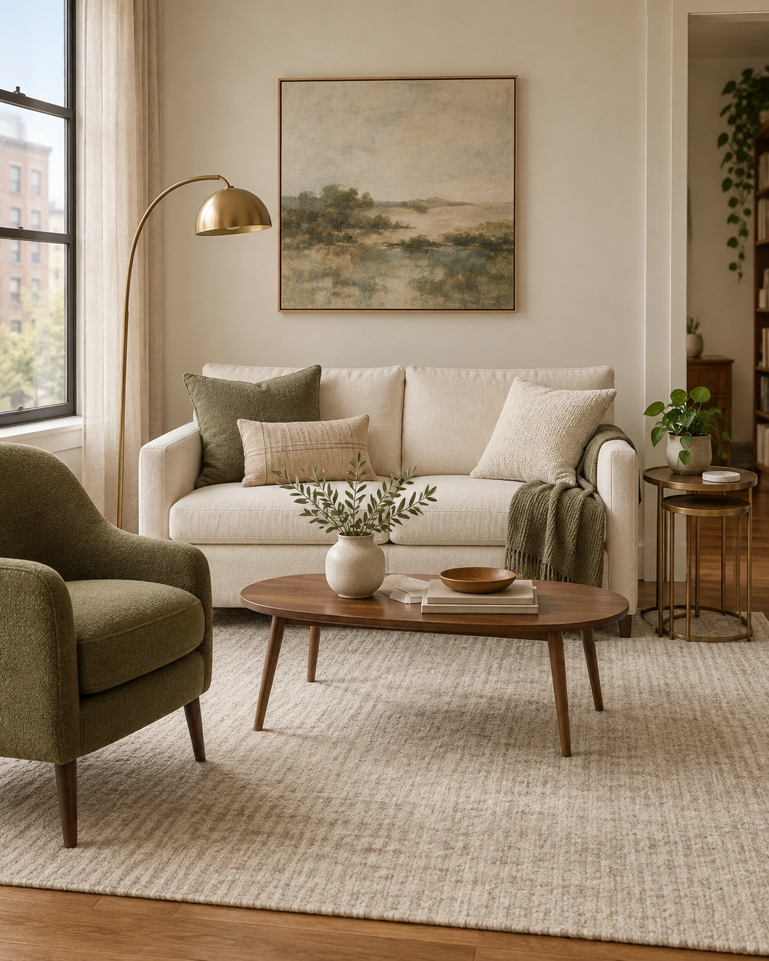 A small rented living room with a city window: a brass arc floor lamp reaching over a cream two seater sofa, a large framed landscape above it, an olive velvet pillow and a striped lumbar pillow at one end and a cream boucle pillow at the other, an olive throw over the arm, a round brass drink table with a trailing pothos in a white pot beside it, an olive boucle armchair in the foreground, an oval walnut coffee table with a stone vase of olive stems and a wooden bowl on it, and a cream textured rug over bare boards.