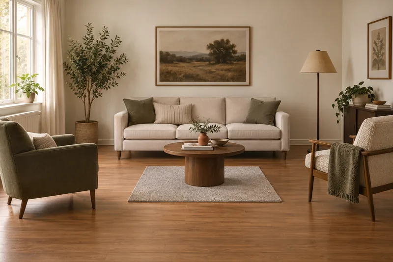 A living room with a cream sofa, two armchairs and a round wooden coffee table. A small pale rug sits in the middle of the floor with only the coffee table standing on it; every chair leg is on bare boards.