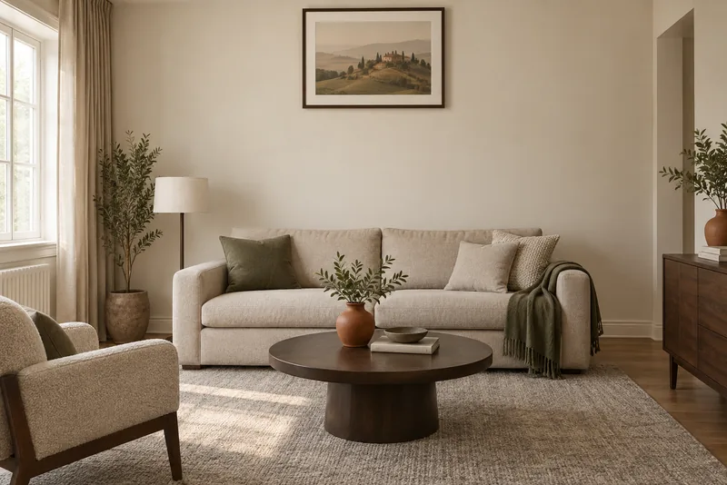 A cream sofa against a pale wall with a framed landscape hung high above it, leaving a wide band of empty wall between the top of the sofa back and the bottom of the frame.