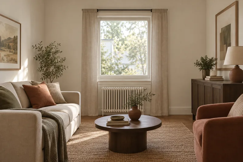 A window with a black rod above the trim and two narrow beige panels hanging at either side, flat as sheets, with no gather in the fabric.