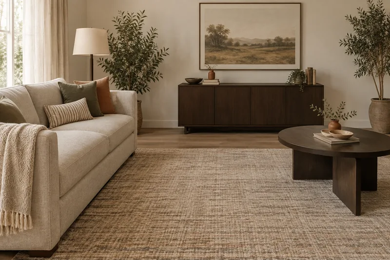 A cream sofa on a large textured rug with a dark round coffee table set far out to one side, a wide stretch of empty rug between the two.