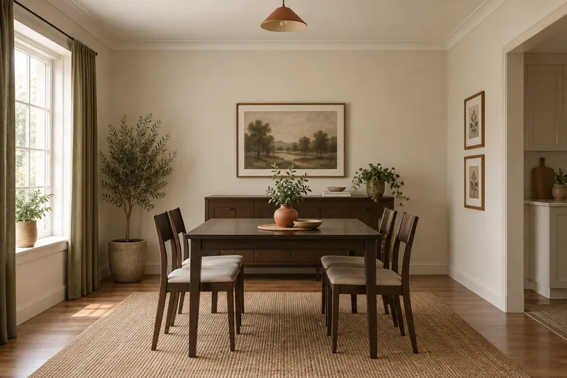 A dining table and chairs under a small terracotta pendant that hangs tight against the ceiling with no cord showing at all.
