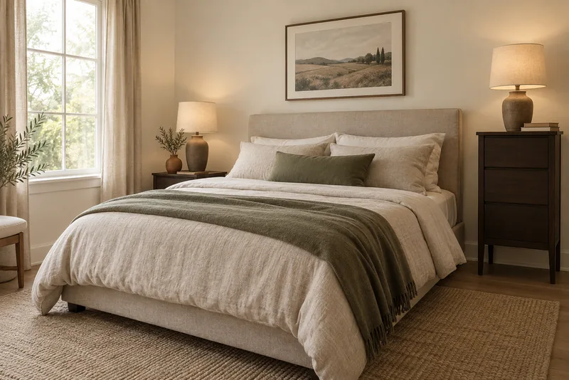 A bed with a low wooden nightstand on the left at about mattress height, and on the right a tall dark three drawer chest whose top is level with the top of the headboard.