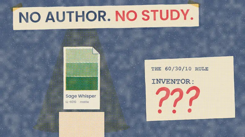 Episode 1 thumbnail: a taped note that says no author, no study, and a card asking who invented the 60/30/10 rule.